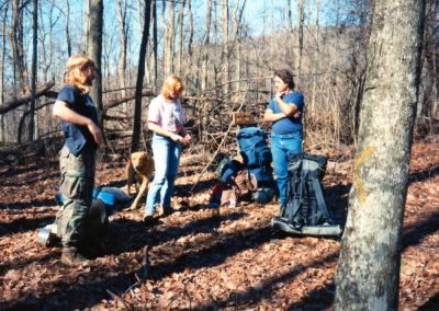Bol'Dar, Angie and Sam
'Deep Gap # ?'   On the A.T. at the 'Little Paint Creek Trail' Sign south of Allen Gap...we had camped out near Spring Mountain Shelter.  
Photo by Rat--early 1990's
