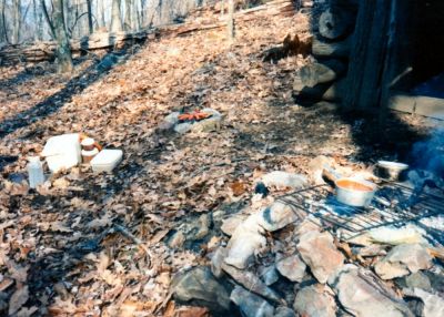 Old Hunter Shack On Top Of Longarm Ridge
Rat Patrol Hiking Club cooking hot dogs with the works.
(this shack is no longer there)
late 1980's photo by Rat 
