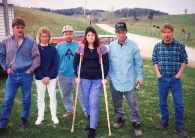 Reunion at Sam Waddles House
The woman on crutches was rescued by Sam Waddle on Coldspring Mountain when she was thrown from a horse and broke her leg...Rat (in 'AT Shirt'), and I  (Bol'Dar...far right of photo) were there with Sam working on the trail that day, and had to ride on the big toolbox in the back of Sam's jeep all the way back down to Horse Creek.  Not sure who hurt more...
Photo by Sam Waddle
