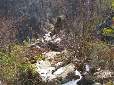 Whitehouse Mountain Cliffs
Fascinating pointed-boulder (the 'Dragon's Tooth') on the edge of 'Stonehenge'...sheer drop of hundreds of feet just beyond that.  The moss on the cliff-rock was also fascinating.
Rocky Fork Area,
December, 2010

