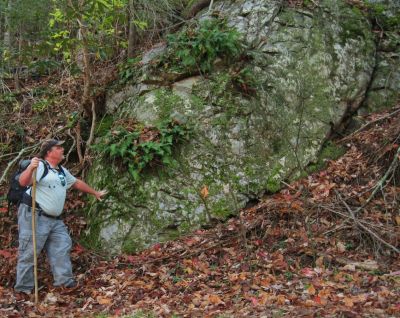Boulder
Rat Patrol admires mossy boulder along the trail on No Business Knob, 11-6-2011
