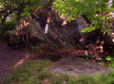 Big Stamp Campsite
view behind the boulder after heavy rain and hail,
July 2009

