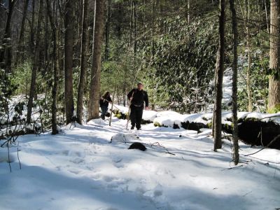 Trail back from Buckeye Falls
Rat Patrol and Tyler hiking past the ol' log covered in snow, 3-6-10
