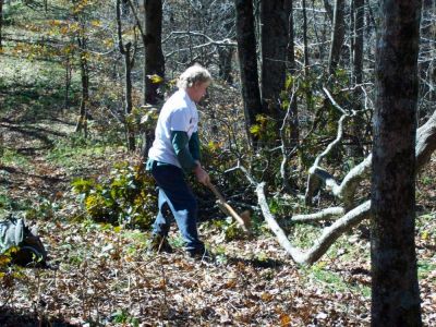 Clearing Blowdowns
Using a pulaski to chop a fallen tree out of the Appalachian Trail along the Bald Mountain Ridgeline...
Photo by Rat, 10-20-2009
