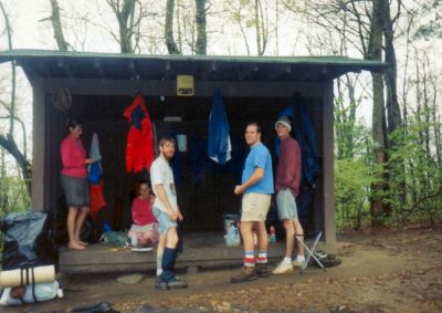 Hawk Mountain Shelter in Ga.
De-tox Tour,
in between the massive Georgia downpours...
('The Fun Girls From Mount Pilot' inside shelter)
Taken by RAT 1991
