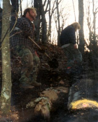 RAT and Bol'Dar Installing Rock-Waterbar
Building rock waterbar leading up to High Rocks on the Appalachian Trail
early 1990's photo by (?)
