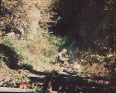 Bol'Dar on Tracks
Cooking rib-eyes beside the Old Railroad Tunnel in the Doe River Gorge...
Photo by Rat, early 1990's
