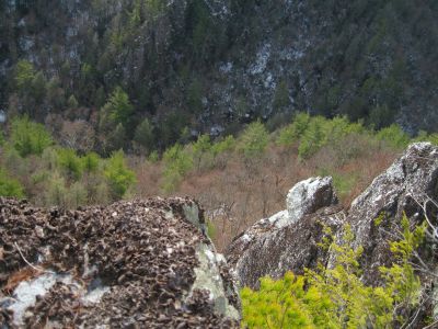 Whitehouse Mountain Cliffs
More views of the awesome 'Stonehenge'--
The disk-like, sheer-sided, fractured rock spine that rises up out of the side of the knob above Rocky Fork Creek.  Photo from neighboring cliff-top.  Note the Flint Mountain Cliffs across the valley, and the Creek in the bottom.
Rocky Fork Area,
December, 2010
