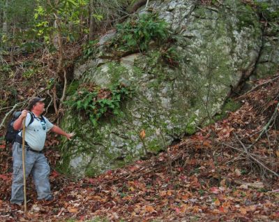 Boulder
Rat Patrol admires mossy boulder along the trail on No Business Knob, 11-6-2011
