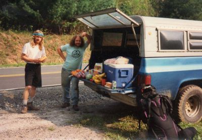 Lunchtime!
Rat Patrol set up at Devils Fork Gap to feed hungry hikers.  Boulderman and Dr. Faustus just happened to be hiking through there. 
May, 1992.
(Photo courtesy of Dr. Faustus)
