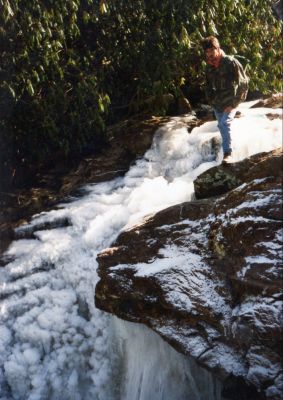 Frozen Falls in Laurel Gorge
Mark Painter perched atop frozen falls in Laurel river Gorge above Frog Level.
Photo by Rat
