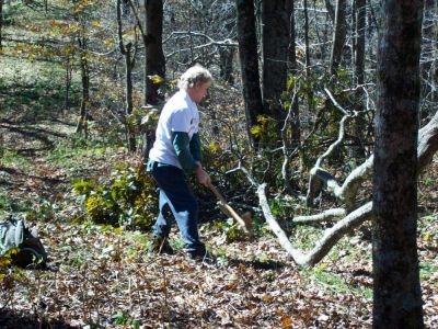 Clearing Blowdowns
Using a pulaski to chop a fallen tree out of the Appalachian Trail along the Bald Mountain Ridgeline...
Photo by Rat, 10-20-2009
